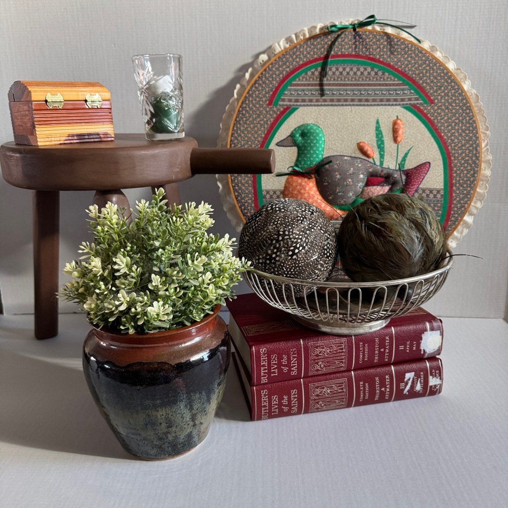 CottageCore Calico Duck Decor Vignette Primitive Milkmaid Stool Handmade Pottery